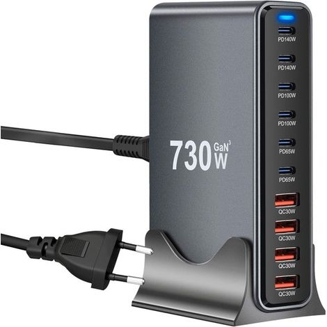 730-W-USB-Ladestation，10 Anschlüsse (6 USB-C + 4 USB-A) mit Schnellladefunktion，kompakter Multi-Geräte-Ladehub，iPhone 16/15/14，Galaxy S22/S20 (1/5)