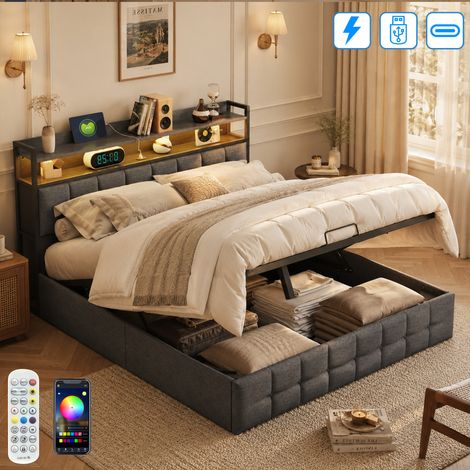 Lit Coffre 160x200 avec sommier LED et USB Tpye C, Lit Double rembourré avec Rangement et Fonction hydraulique, lit Deux Places, Cadre de lit avec sommier à Lattes pour Adulte Adolescent, Lin gris (1/5)