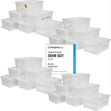 24 boîtes de rangement avec couvercles, 10 L, transparentes, empilables et emboîtables, fermeture à clip, en plastique sans BPA, 37 x 26 x 14 cm
