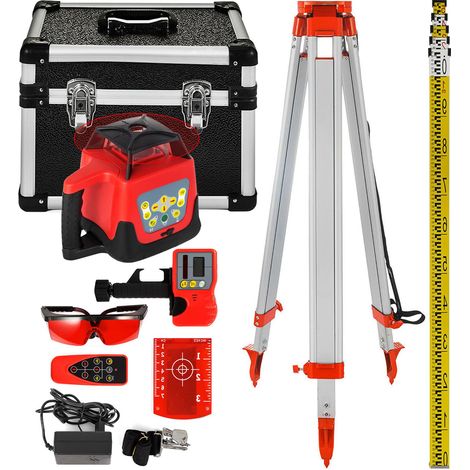 Niveau laser rotatif rouge à nivellement automatique, balayage rotatif à 360°, portée de 500 m, trépied et mire de 5 m inclus. (1/5)