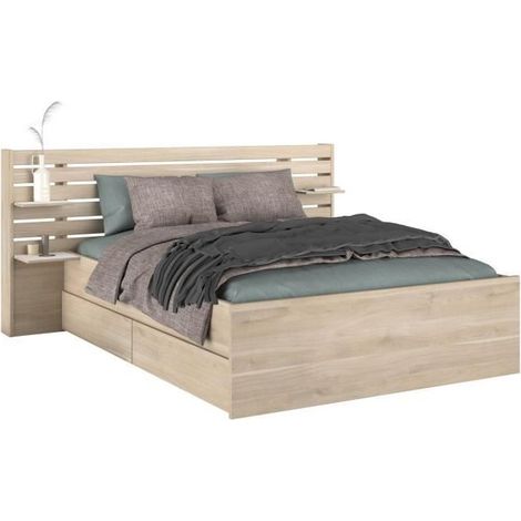 Lit adulte 140x190/200 cm avec tête de lit et 2 tiroirs – Décor chêne du Japon – Structure panneaux de particules – Dimensions L202.8 x H98.2 x P216.8 cm – Parisot (1/7)
