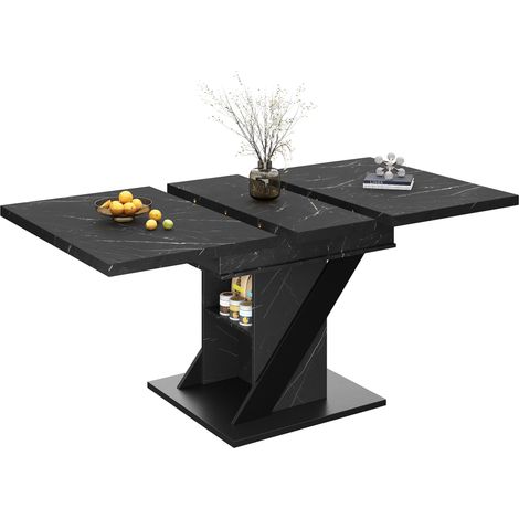 Table à manger extensible 110-140 x 80 x 75 cm, plateau MDF noir aspect marbre, table moderne gain de place pour cuisine, salon et petit appartement CHICFURN (1/5)