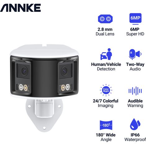 ANNKE Outdoor PoE Security Camera for 180° Wide FOV 6MP Dual-Lens Surveillance Cam Color Night Vision Two Way Audio IP Camera (1/5)