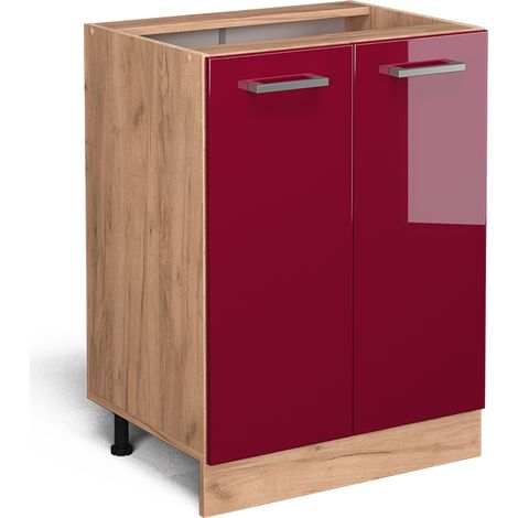 Mobiletto base cucina R-Line, Rosso bordeaux lucido, 60 cm senza piano di lavoro, Vicco