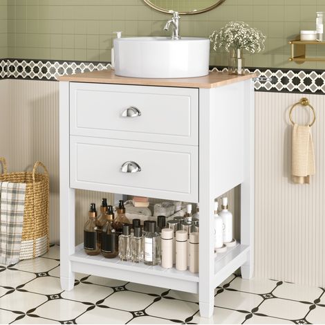 Meuble vasque 60x45x91 cm en MDF blanc et aspect bois, 2 tiroirs, gain de place – MEUBLIV (1/5)