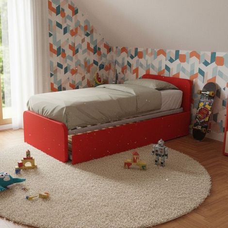 Letto singolo con letto estraibile, trasformabile in matrimoniale. Testate personalizzabili, reti in acciaio e doghe in faggio - Rosso