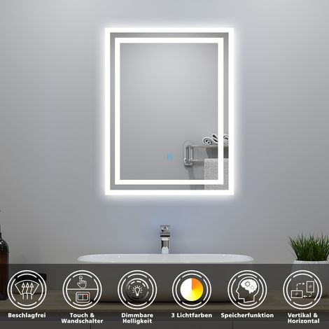 LED Badezimmer Spiegel mit Beleuchtung 70x50cm Badspiegel mit 3 Lichtfarbe Dimmbar Beschlagfrei Speicherfunktion (1/5)