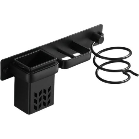 Support mural de salle de bain pour sèche-cheveux et accessoires, organisateur en aluminium avec étagère et trous. Argenté et noir.