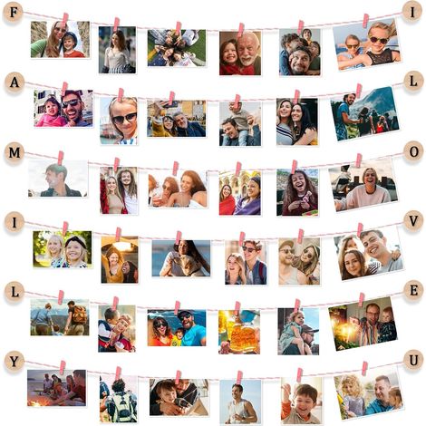 Cadre Pele Mele Photo Mural Porte Photo avec Pince et Corde, Décoration Murale DIY Personnalisé (Rose Clair) (1/5)