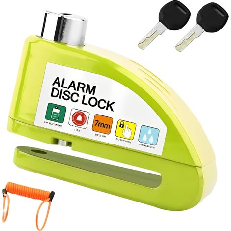 Antivol de frein à disque avec alarme antivol, pour vélos, trottinette électrique, motos, etc., Jaune (Corde de sécurité incluse)