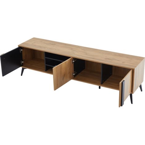Mueble TV rústico marrón y negro 180 cm con puertas y estante abierto (1/5)