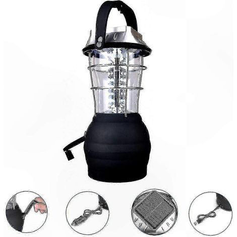 Lampe de camping LED d'urgence, étanche, à énergie solaire et à manivelle, équipement de survie portable pour l'extérieur, noire. (1/5)