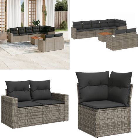 9-tlg. Garten-Sofagarnitur mit Kissen Grau Poly Rattan - Gartenmöbel Set - Esszimmergarnitur Outdoor - Lounge Möbel - Rattan Gartenset - Balkonmöbel - Home & Living (1/5)