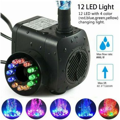 Pompe fontaine 15W – Débit 800L/h – 12 LED multicolores – Pour bassins et aquariums – Fonctionnement silencieux (1/5)