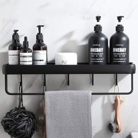Pas de perçage étagère de douche étagère de salle de bain avec porte-serviettes en aluminium crochet étagère de rangement pour douche et cuisine ensemble 1 pièce noir (1/4)