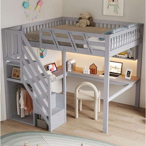Hochbett 205x193.5x170 cm, mit Schreibtisch, LED Beleuchtung, Stauraum, Holz, Grau (1/5)