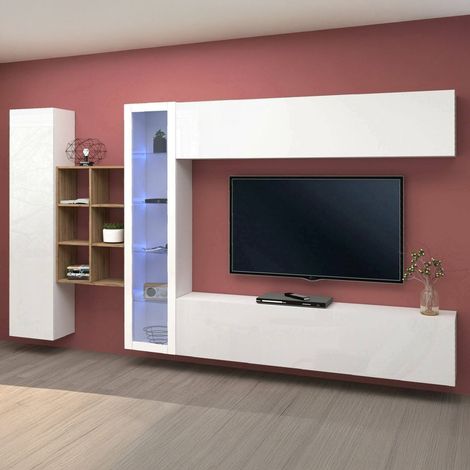 Dmora - Pared Equipada Dcavio, Conjunto de salón Mueble de TV con 4 puertas, Mueble de salón polivalente con vitrina y luz LED, 100% Made in Italy, cm 280x30h180, Blanco brillo y Arce (1/5)