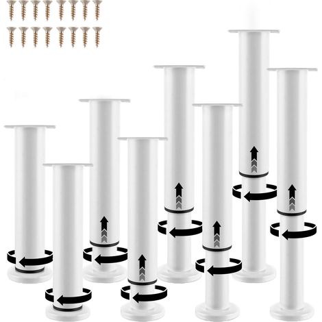 8 Pièces Pied de Meuble Hauteur Réglable 18 à 30 cm, Support Blanc avec 32 vis M4x20, Pieds Télescopiques Ronds pour Armoire Canapé Lit Table et Meuble TV (1/5)