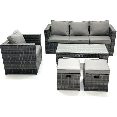 Fimous Rattan Garden Furniture Set Outdoor Lounger Sofa with Coffee Table Armchair 2 Small Footstools Dark Grey Mixed (1/5)