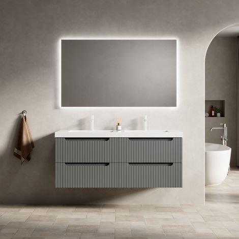 Mueble de baño suspendido 120 cm moderno gris oscuro con doble lavabo integrado de resina y 4 cajones cierre suave (1/5)