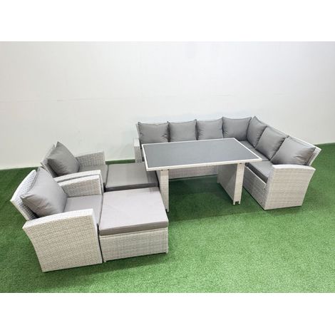 Fimous Outdoor Garden Furniture Sets 10 Seater Wicker Rattan Corner Sofa Sets with Rectangular Dining Table Lounge Sofa 2 Big Footstools Light Grey (1/4)