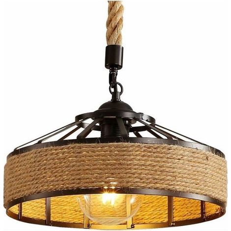 Lustre en Corde de Chanvre, Lampe à Suspension Rétro en Métal Noir, Lustres Suspensions En Country, Plafonnier Couloir E27 Luminaire pour 220V (1/5)