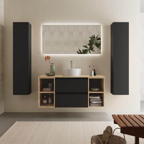 Meuble de salle de bain BEQUIA Plus 120cm Noir mat /Chêne Vasque à poser Porcelaine Centrale (1/5)