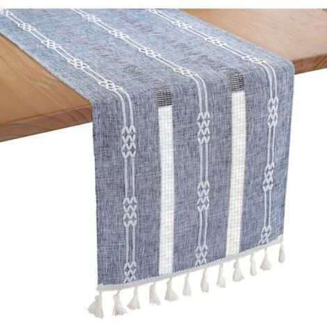 BUNTHAUS Broderie Lin Chemin de Table Intérieur Extérieur Ferme Style Café Chemin de Table 183cm avec Glands à la Main pour Pique- Mariage 33x183CM-Bleu (1/4)