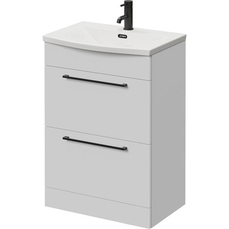 Napoli 390 Gloss White 600mm 2 Drawer Vanity Unit with Arc Basin - 600mm - Matt Black 320mm Handle
