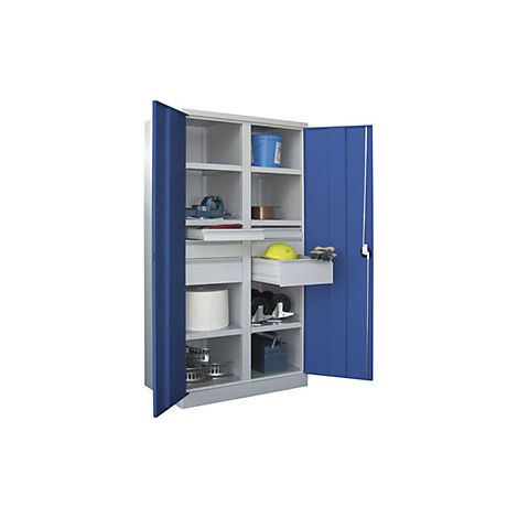 Schwerlastschrank, Vollblechtüren, mit Trennwand, 6 beschichtete Böden, Schubl.: 2x75,2x125, 2x175 mm, BxTxH 1040x630x1950 mm, RAL 7035/5010