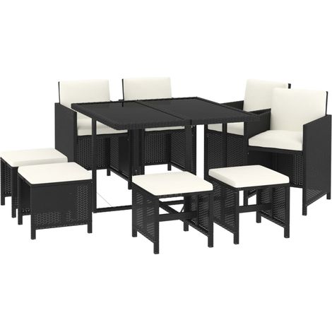 Set de comedor de jardín 9 pzas y cojines ratán sintético negro vidaXL