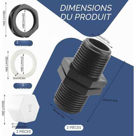 Cuve Passe Paroi Cuve Eau Raccord Male pour Citernes de Pluie Passages Joints Pouces (1/4)