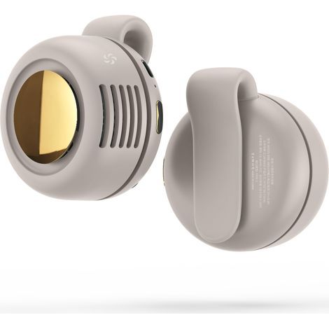 Set of 2 mini portable clip-on fans, USB rechargeable and bladeless. 360° rotation, 3 speeds, quiet, ideal for travel and office (beige).