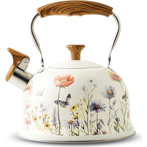 Wasserkessel aus Edelstahl (3L), Flötenkessel mit Einklappgriff, Wasserkocher für Induktion und Gasherd, Teekessel für Tee und Kaffee, Alle Kochplatten, (Weiß und Violett) (1/5)