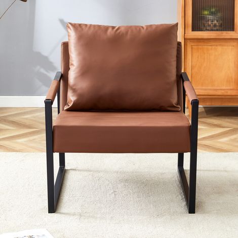 Fauteuil de lecture marron similicuir structure métal noir 68,5x75,4x75,2 cm, fauteuil détente 1 place pour salon chambre bureau moderne (1/5)