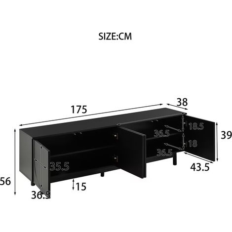 Meuble TV noir moderne 175x38x56cm, étagères réglables, meuble bas télévision style luxe, rangement élégant (1/5)