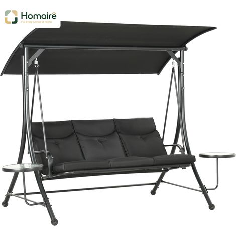 HOMAIRE Hollywoodschaukel 3-Sitzer mit Couchtische, verstellbarem Sonnendach, belastbar bis 300kg, für Garten und Terrasse, Schwarz