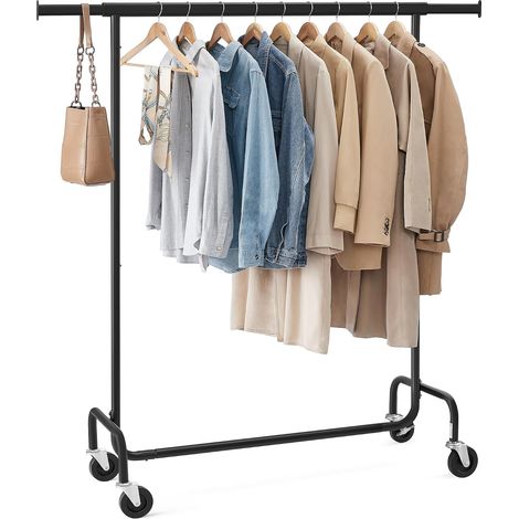 Portant à Vêtements avec roulettes, Tringle Extensible pour Charge Lourde, Capacité de Charge 130 kg, 45 x (110-150) x 162,9 cm, Porte-Manteau, en Métal, Chromé, Noir Mat (1/5)
