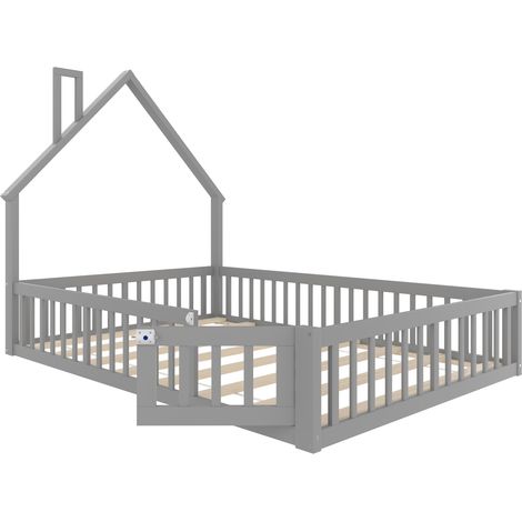 Lit enfant 140 x 190 cm avec barrières de sécurité, forme cheminée, bois de pin et MDF, gris (1/5)