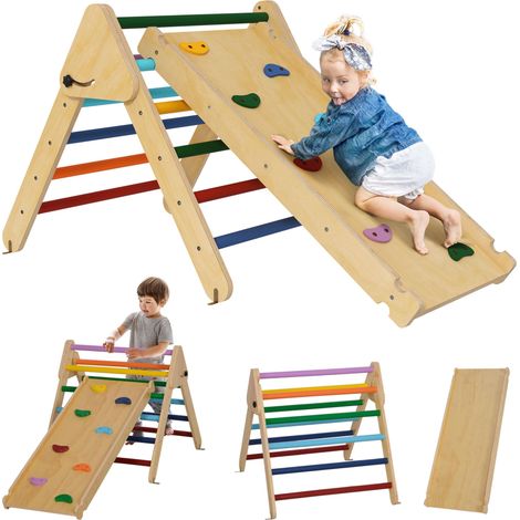Triangle d'escalade en bois 3 en 1 avec rampe pour glisser ou grimper, 147 x 64,5 x 63 cm, multicolore (1/5)