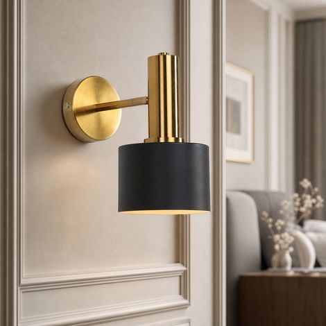 Applique murale industrielle en fer, rotative 360°, finition noir et or, design nordique pour chambre ou salon, culot E27 (1/5)
