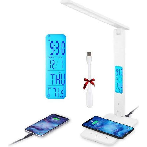 Lampe de bureau LED avec Charge sans fil, Lampe de table Réglable Contrôle tactile, Charge USB - 3 modes d'éclairage - Affichage LCD (1/4)
