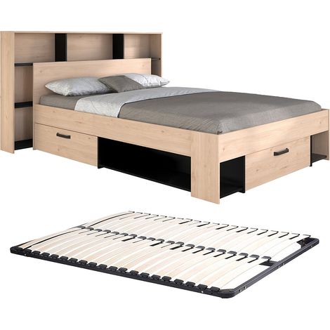 Letto 140 x 190/200 cm con testata e spazi portaoggetti Naturale e Nero + Rete  - KINSELIA