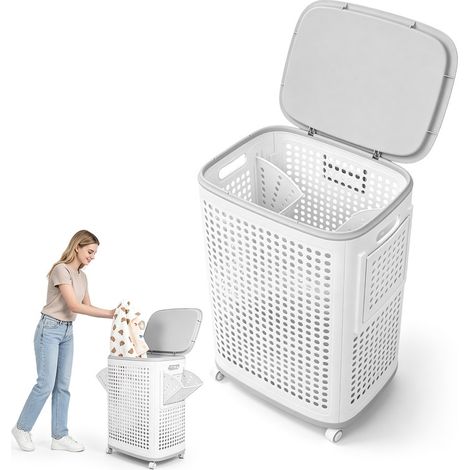 Panier à Linge - matière plastique - FLASIDU - avec Couvercle - Buanderie, Salle de Bain, Chambre - Portant 36 kg - Compartiment de rangement indépendant - respirant - 43×32×60cm - Blanc (1/5)