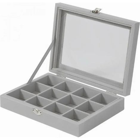 Herzberg HG-05309: elegante organizer per gioielli con coperchio in vetro e 12 scomparti