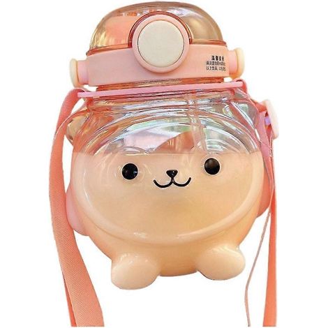 Große 1000-ml-Trinkflasche für Kinder mit Strohhalm, rosa Teddybär-Design (1/5)