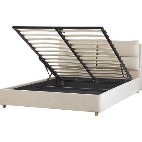 Cama con somier de terciopelo beige claro 160 x 200 cm almacenaje Batilly (1/5)