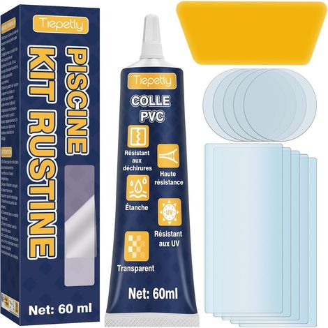 Kit de Réparation Piscine 60ml – Haute Résistance, Patchs Transparents Étanches pour Matelas Pneumatique, Jacuzzi, Structure Gonflable, Compatible PVC/ABS/EVA/Caoutchouc (1/5)