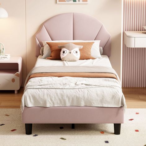 Letto singolo 90x200 cm con testiera regolabile in altezza, rete a doghe in legno, letto imbottito per bambini in velluto - Rosa
