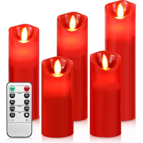 Randaco Juego de 5 velas LED con llama parpadeante, mando a distancia, sin llama, rojas, para cumpleaños, boda, hotel y Navidad (1/5)